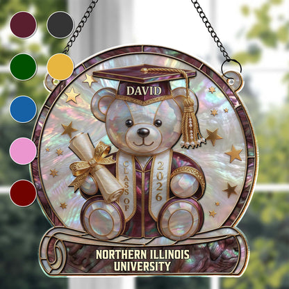 Class Of Graduation Bear With Diploma And Stars Mother Of Pearl Mosaic - Personalized Custom Suncatcher - GRAD436_CSUN