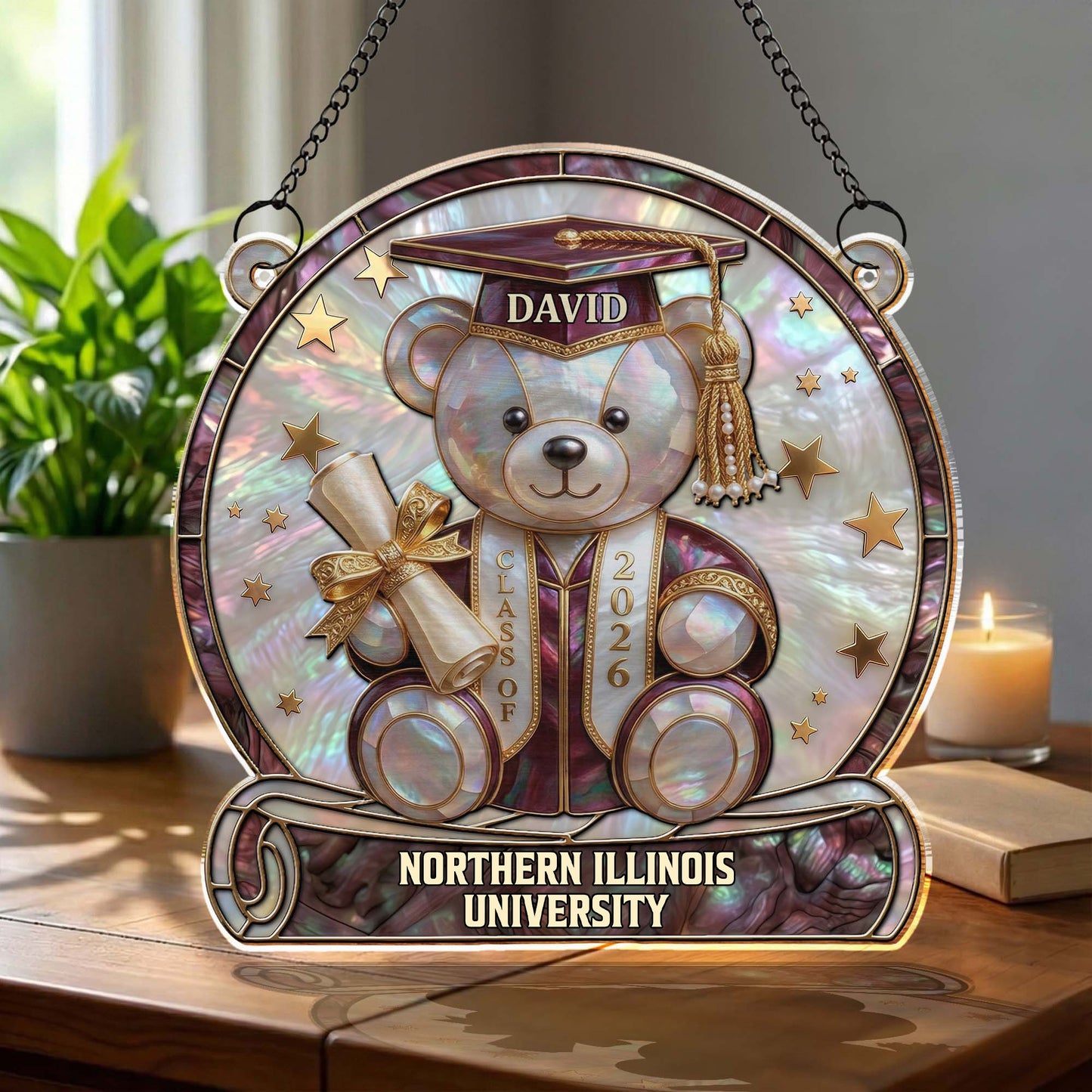 Class Of Graduation Bear With Diploma And Stars Mother Of Pearl Mosaic - Personalized Custom Suncatcher - GRAD436_CSUN