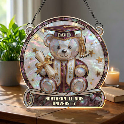 Class Of Graduation Bear With Diploma And Stars Mother Of Pearl Mosaic - Personalized Custom Suncatcher - GRAD436_CSUN