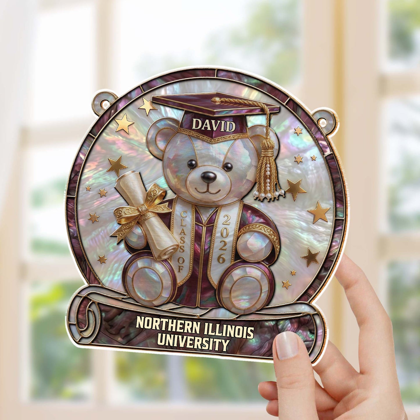 Class Of Graduation Bear With Diploma And Stars Mother Of Pearl Mosaic - Personalized Custom Suncatcher - GRAD436_CSUN