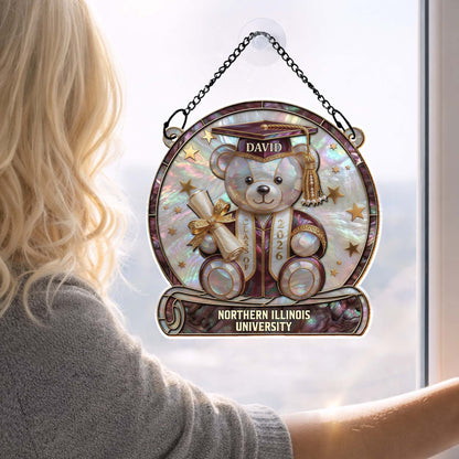 Class Of Graduation Bear With Diploma And Stars Mother Of Pearl Mosaic - Personalized Custom Suncatcher - GRAD436_CSUN