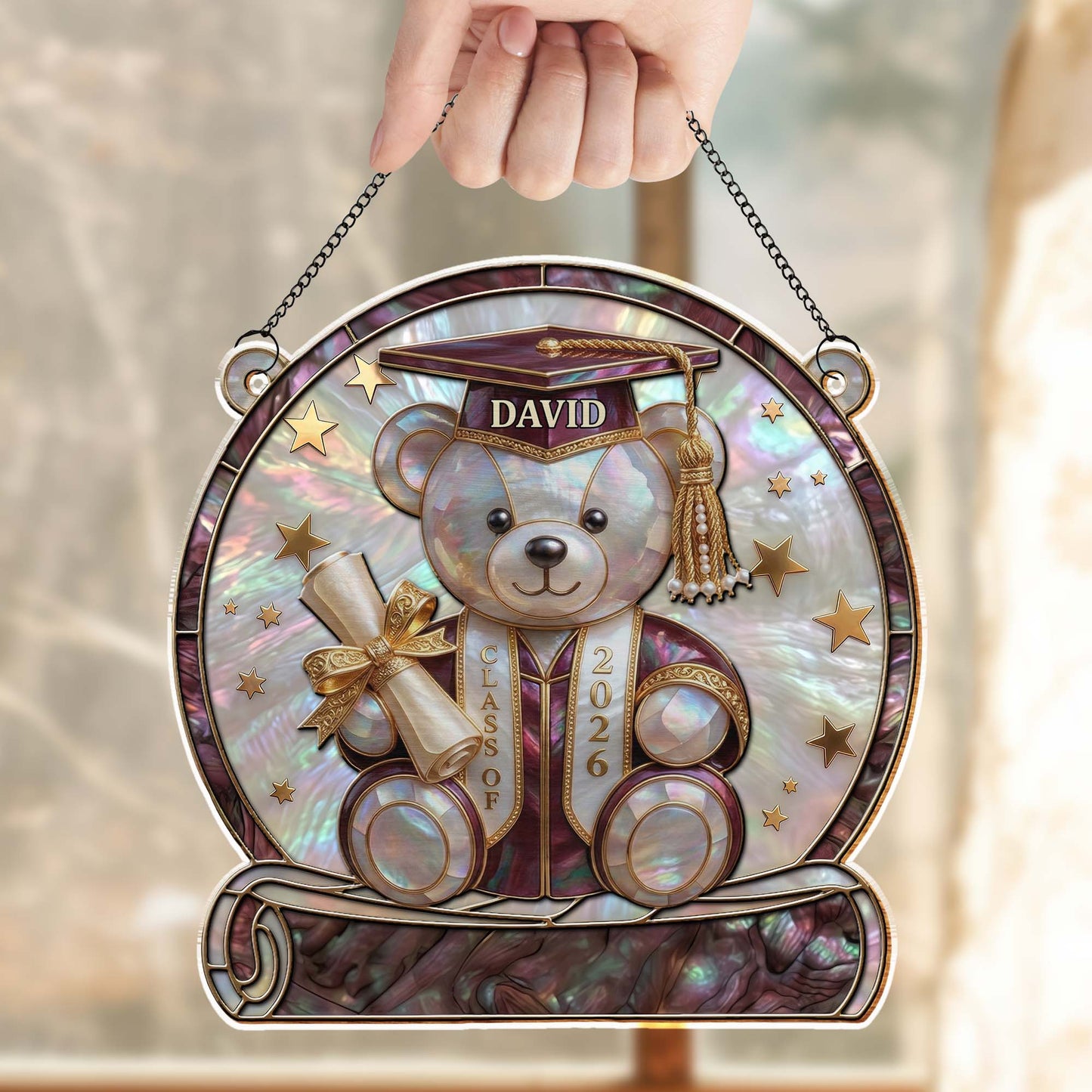 Class Of Graduation Bear With Diploma And Stars Mother Of Pearl Mosaic - Personalized Custom Suncatcher - GRAD436_CSUN