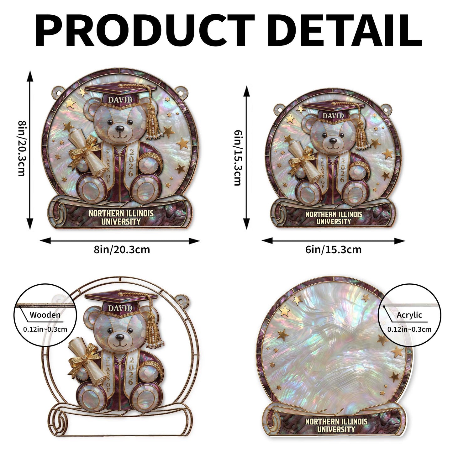 Class Of Graduation Bear With Diploma And Stars Mother Of Pearl Mosaic - Personalized Custom Suncatcher - GRAD436_CSUN