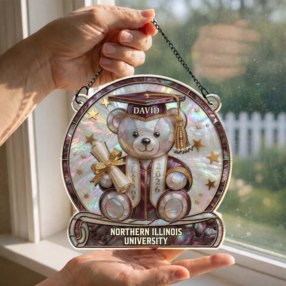 Class Of Graduation Bear With Diploma And Stars Mother Of Pearl Mosaic - Personalized Custom Suncatcher - GRAD436_CSUN
