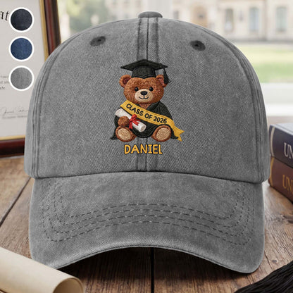 Class Of Graduation Bear With Custom Name - Personalized Custom Washed Denim Cap - GRAD440_WDCAP