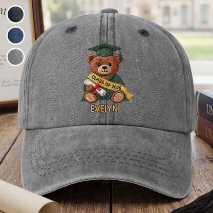 Class Of Graduation Bear With Custom Name - Personalized Custom Washed Denim Cap - GRAD440_WDCAP