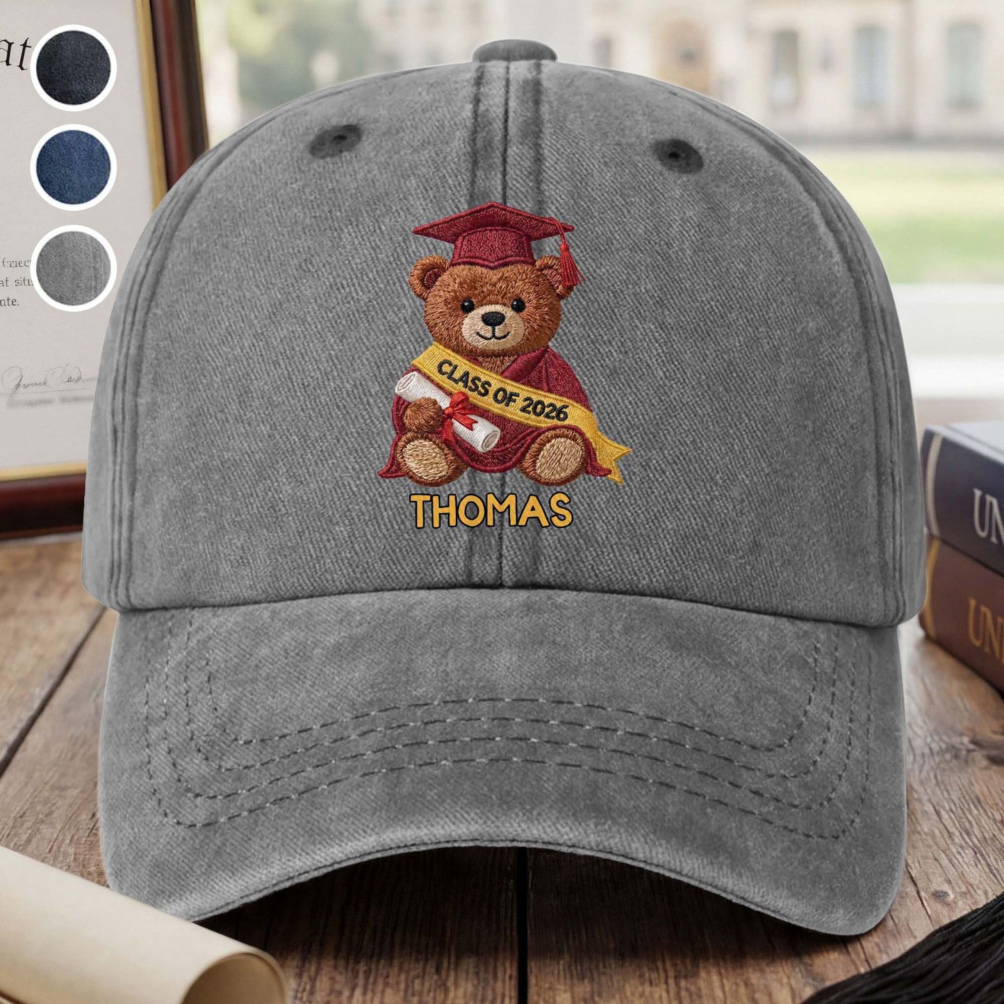 Class Of Graduation Bear With Custom Name - Personalized Custom Washed Denim Cap - GRAD440_WDCAP