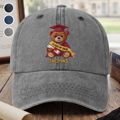 Class Of Graduation Bear With Custom Name - Personalized Custom Washed Denim Cap - GRAD440_WDCAP