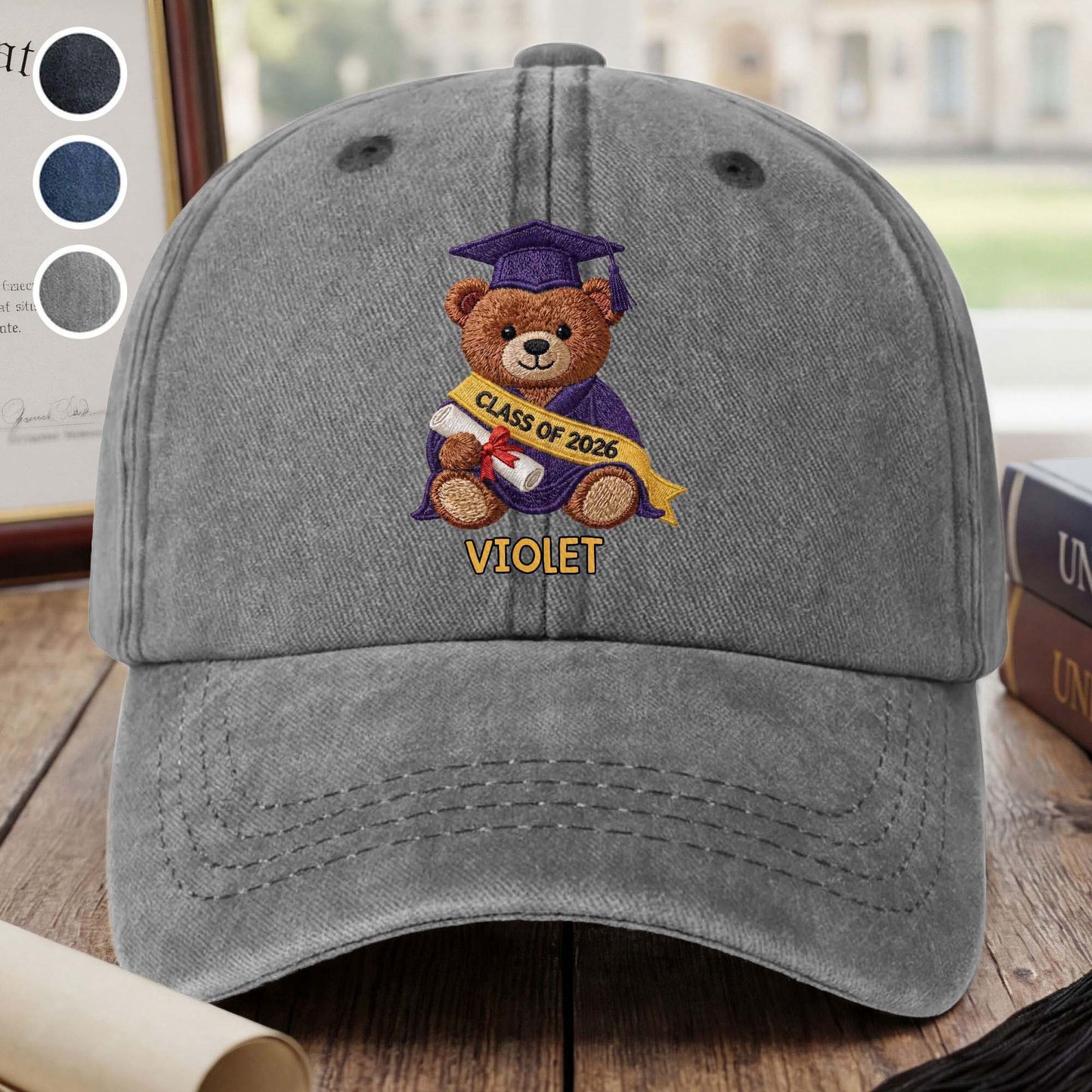 Class Of Graduation Bear With Custom Name - Personalized Custom Washed Denim Cap - GRAD440_WDCAP