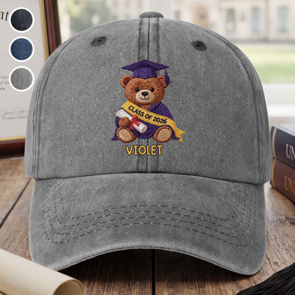 Class Of Graduation Bear With Custom Name - Personalized Custom Washed Denim Cap - GRAD440_WDCAP