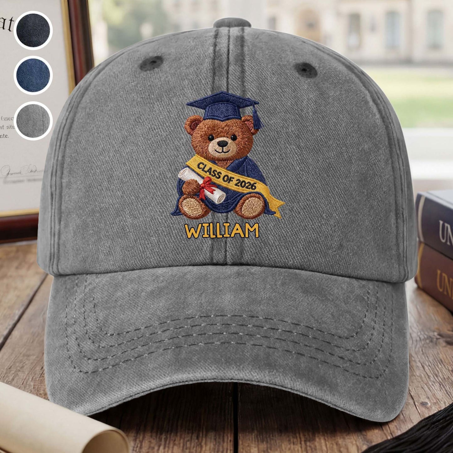 Class Of Graduation Bear With Custom Name - Personalized Custom Washed Denim Cap - GRAD440_WDCAP