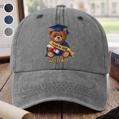 Class Of Graduation Bear With Custom Name - Personalized Custom Washed Denim Cap - GRAD440_WDCAP