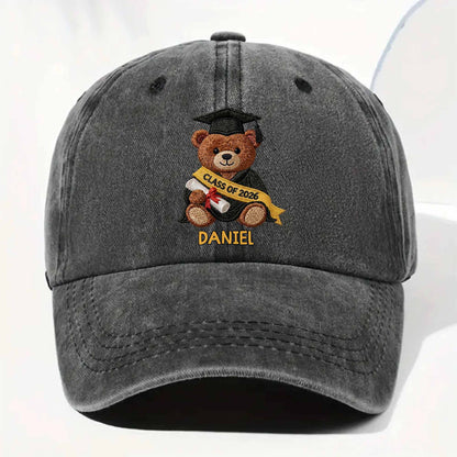 Class Of Graduation Bear With Custom Name - Personalized Custom Washed Denim Cap - GRAD440_WDCAP