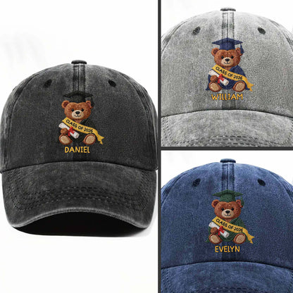 Class Of Graduation Bear With Custom Name - Personalized Custom Washed Denim Cap - GRAD440_WDCAP