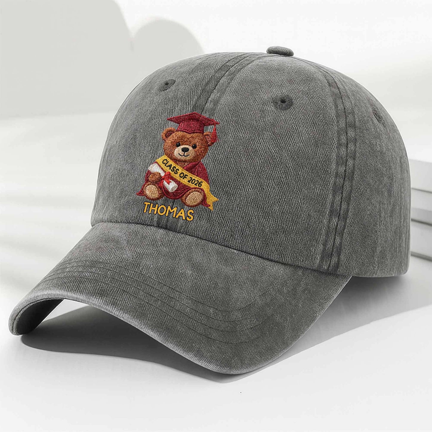 Class Of Graduation Bear With Custom Name - Personalized Custom Washed Denim Cap - GRAD440_WDCAP