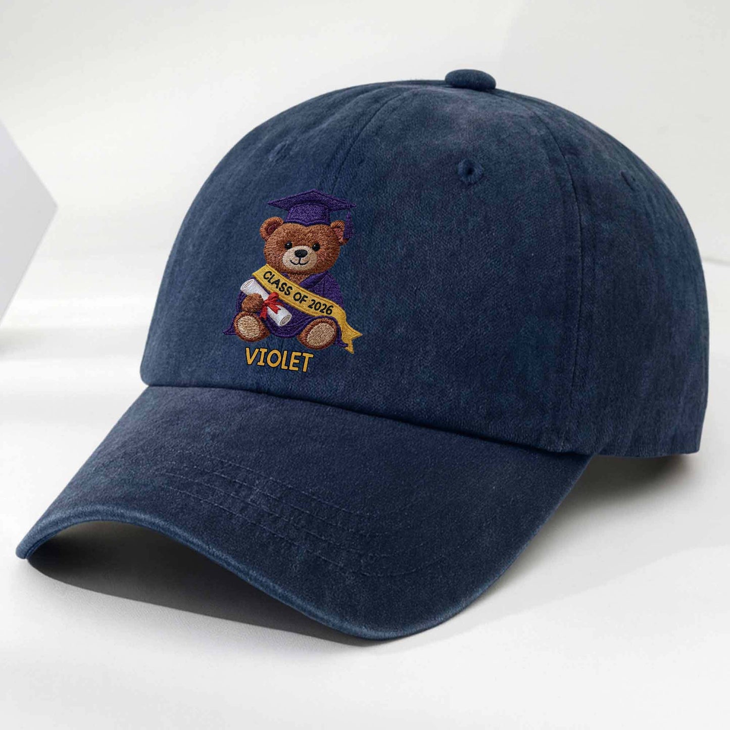 Class Of Graduation Bear With Custom Name - Personalized Custom Washed Denim Cap - GRAD440_WDCAP