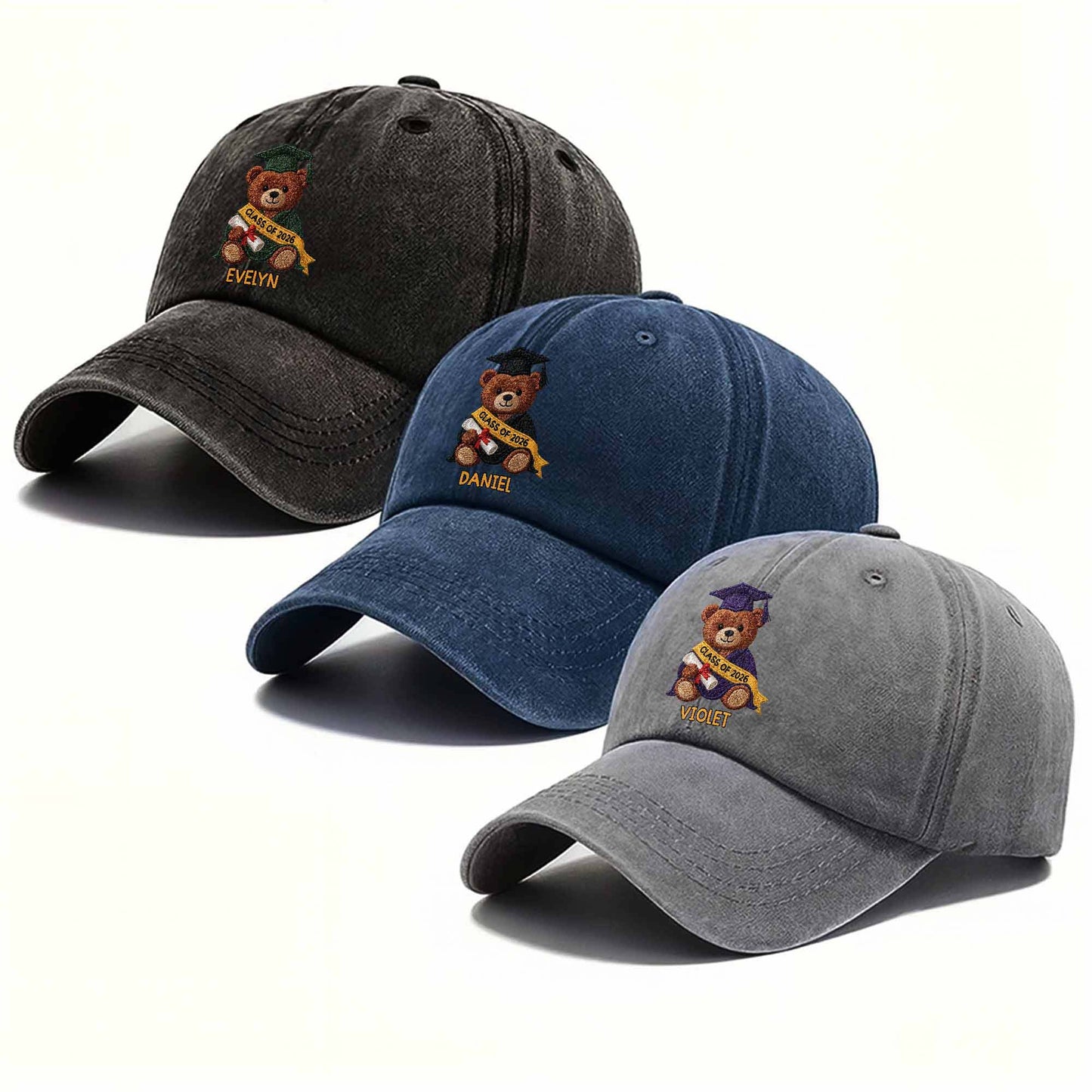 Class Of Graduation Bear With Custom Name - Personalized Custom Washed Denim Cap - GRAD440_WDCAP