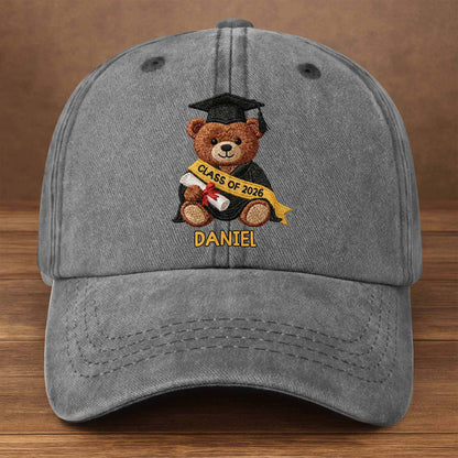 Class Of Graduation Bear With Custom Name - Personalized Custom Washed Denim Cap - GRAD440_WDCAP