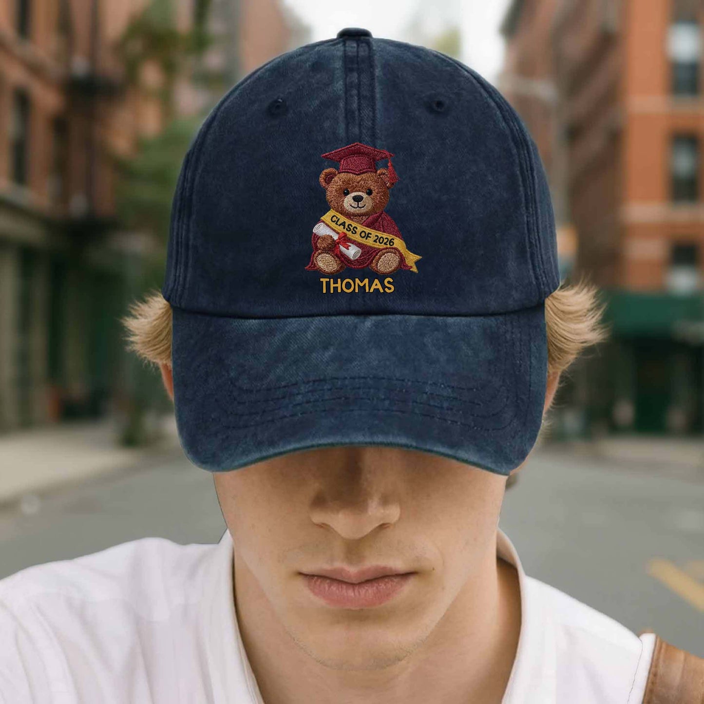 Class Of Graduation Bear With Custom Name - Personalized Custom Washed Denim Cap - GRAD440_WDCAP