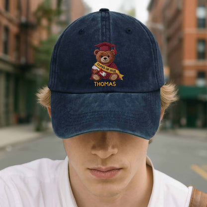 Class Of Graduation Bear With Custom Name - Personalized Custom Washed Denim Cap - GRAD440_WDCAP