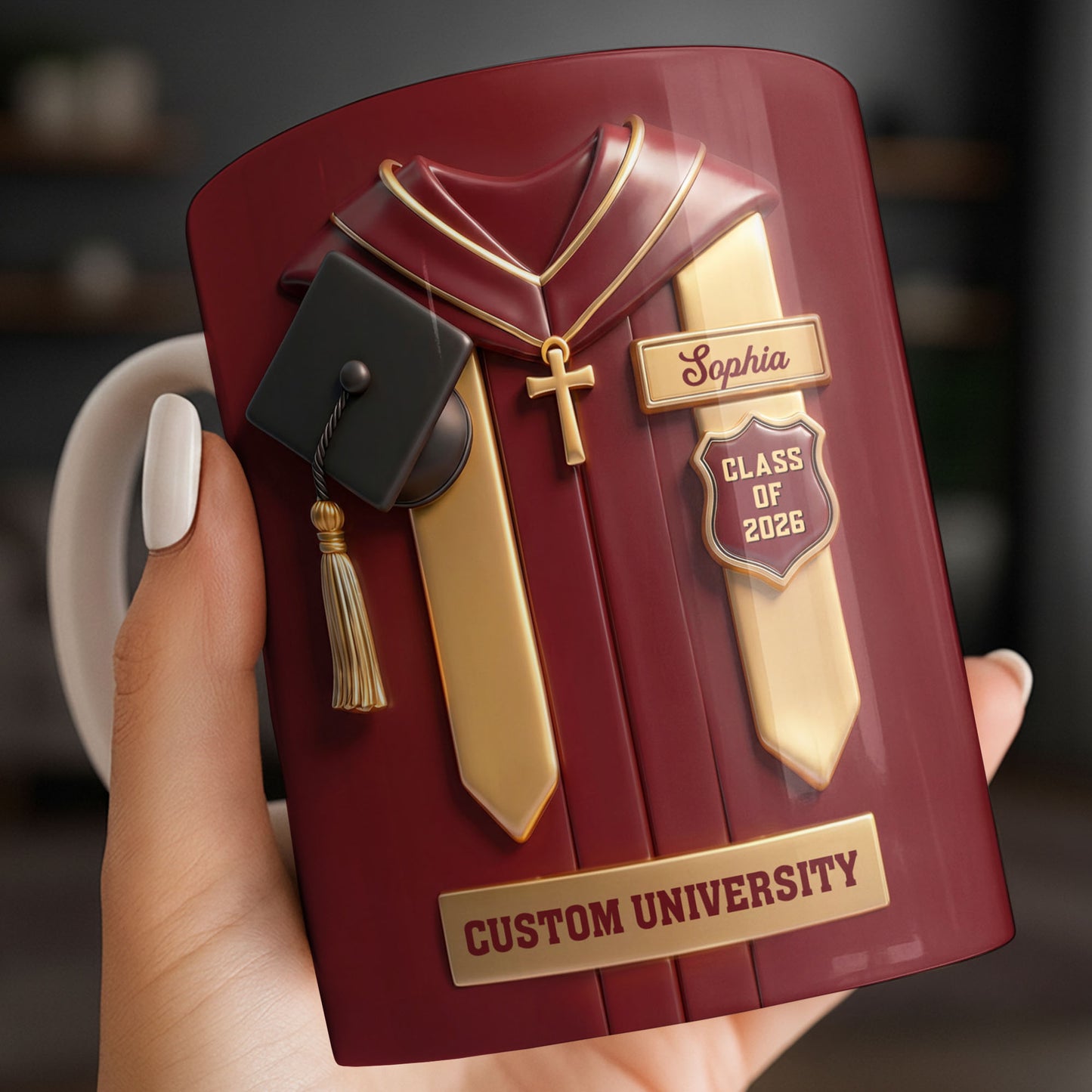 Class Of University Graduation Gown With Cap And Cross - Personalized Custom Coffee Mug - GRAD444_MG