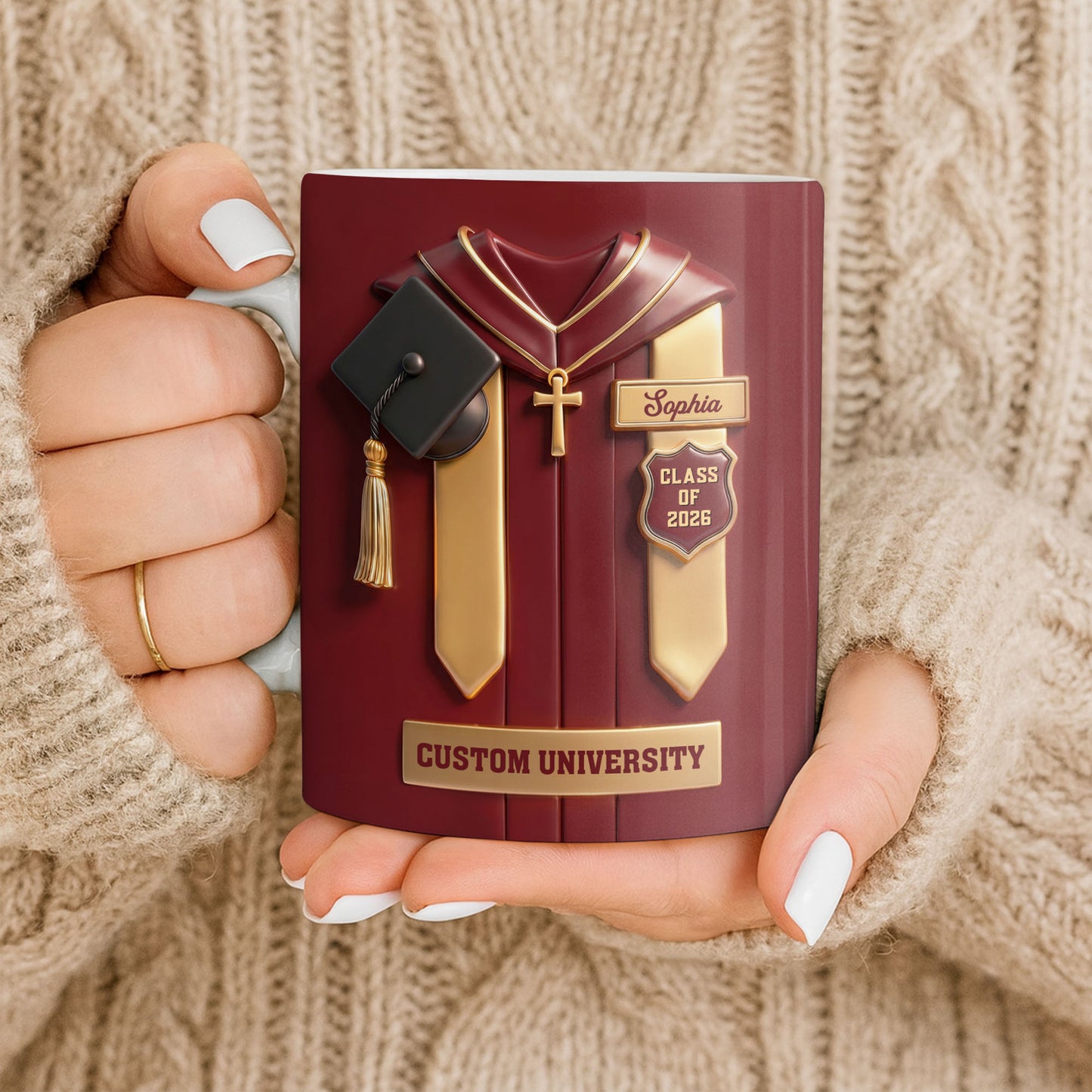 Class Of University Graduation Gown With Cap And Cross - Personalized Custom Coffee Mug - GRAD444_MG