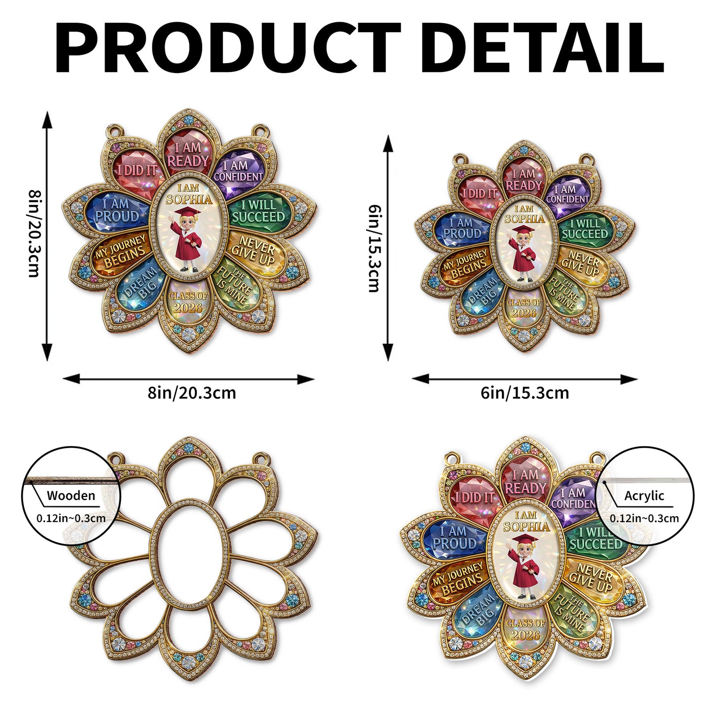 I Am Ready I Am Confident Graduation Affirmation Gem Flower - Personalized Custom Suncatcher - GRAD450_CSUN