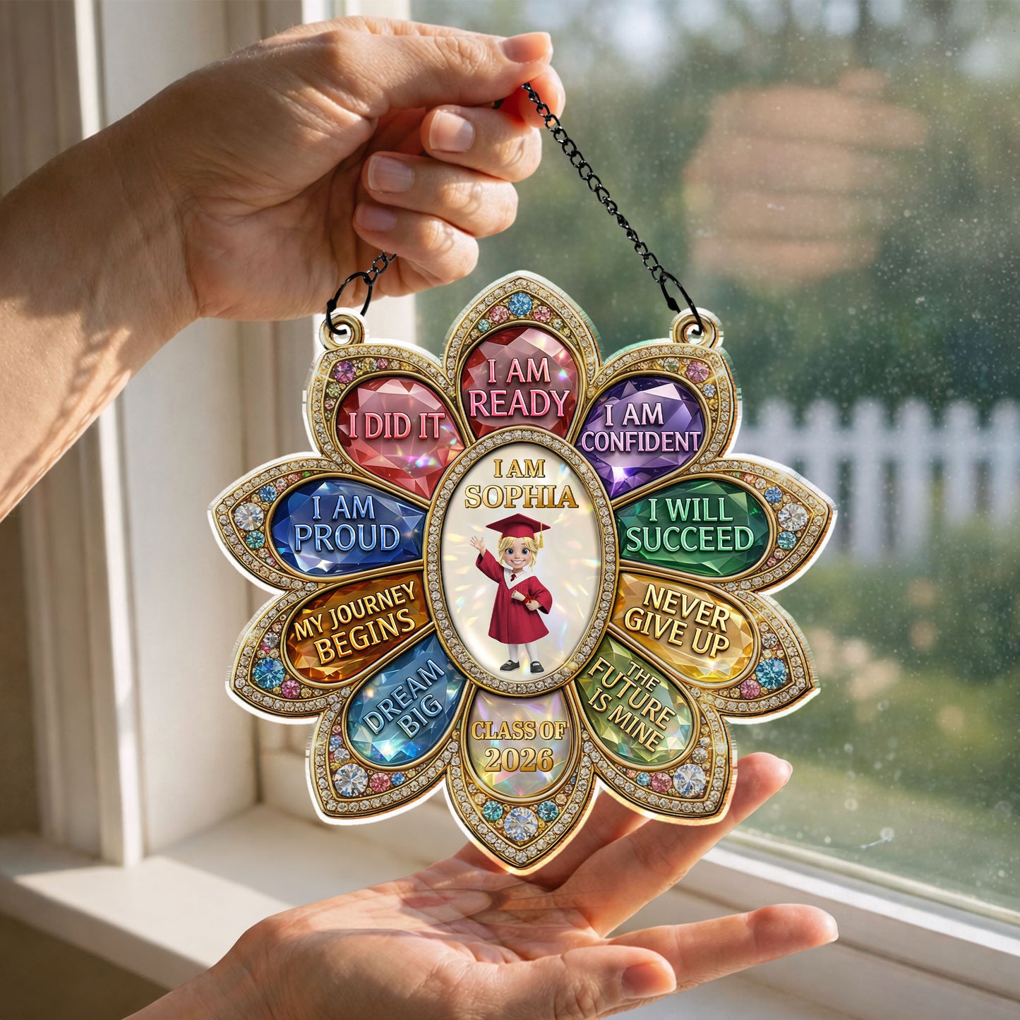 I Am Ready I Am Confident Graduation Affirmation Gem Flower - Personalized Custom Suncatcher - GRAD450_CSUN
