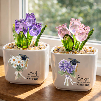 Class Of Birth Month Flowers And Graduation Cap With Glass Tulips - Personalized Custom Glass Everlasting Tulips - GRAD457_GLATU