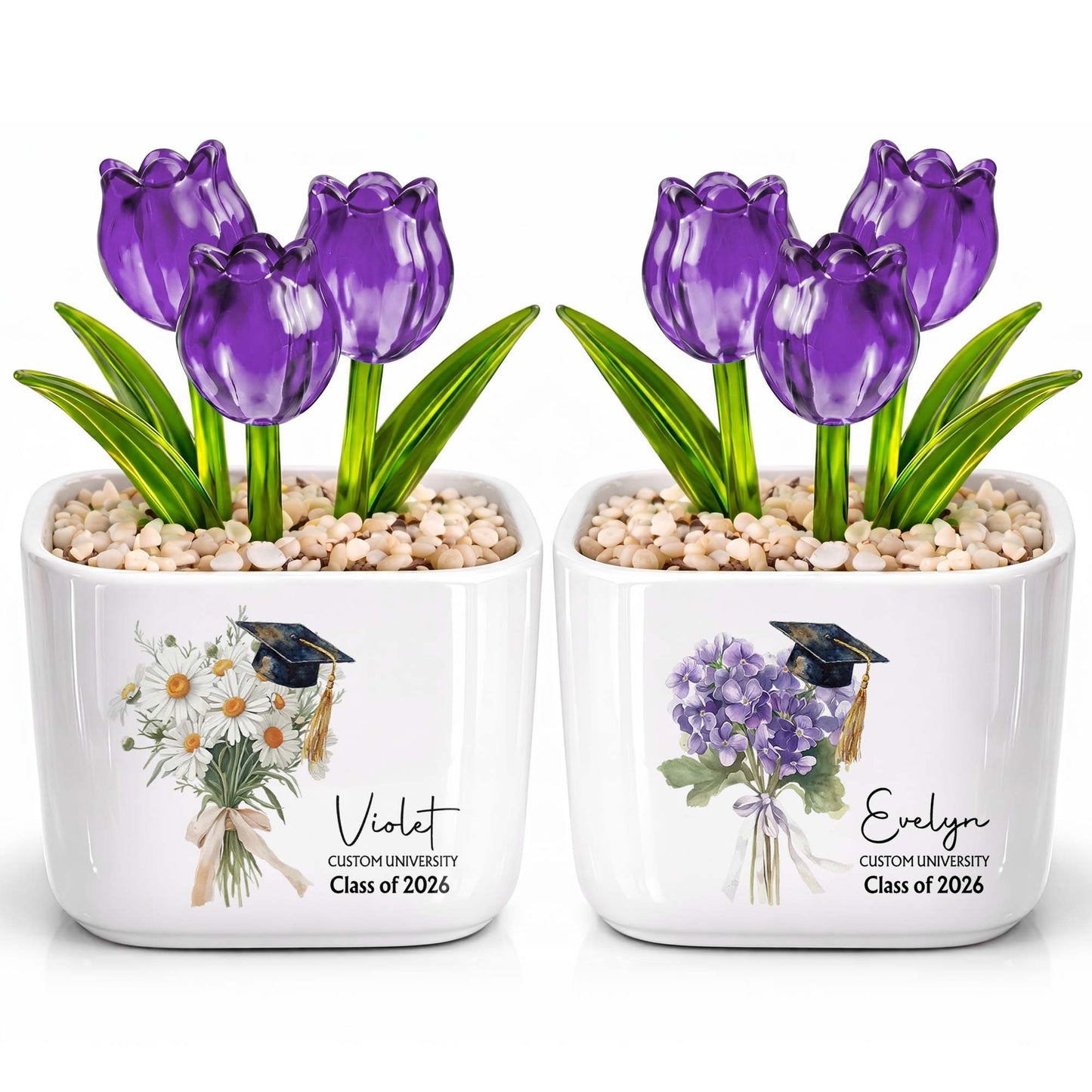 Class Of Birth Month Flowers And Graduation Cap With Glass Tulips - Personalized Custom Glass Everlasting Tulips - GRAD457_GLATU
