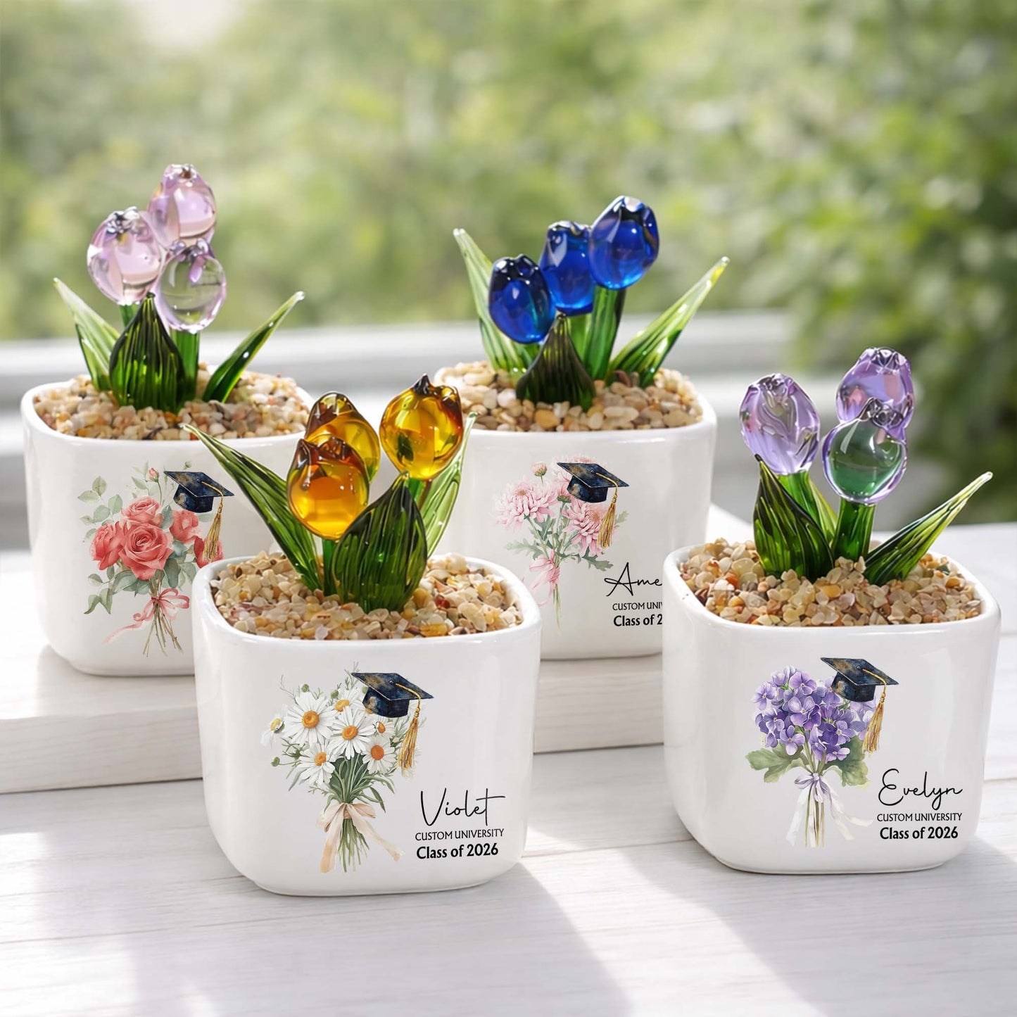 Class Of Birth Month Flowers And Graduation Cap With Glass Tulips - Personalized Custom Glass Everlasting Tulips - GRAD457_GLATU