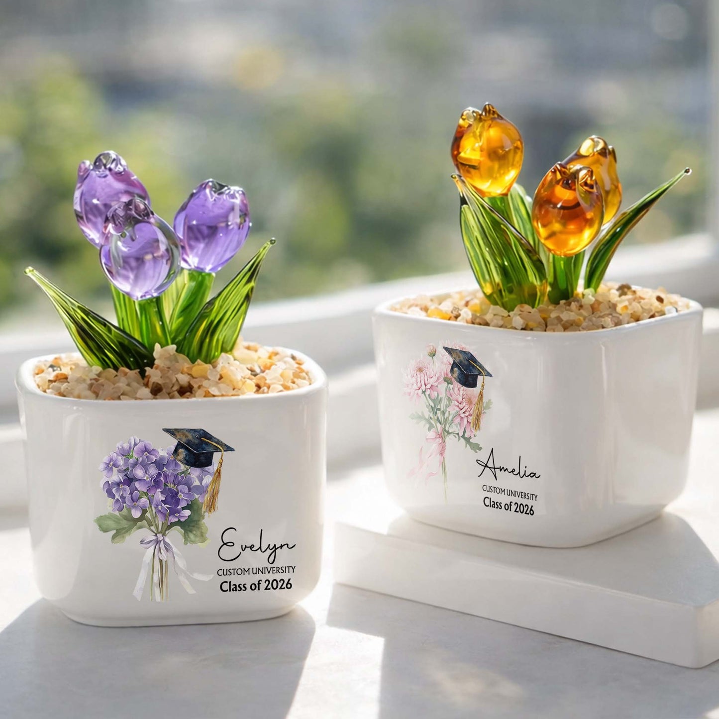 Class Of Birth Month Flowers And Graduation Cap With Glass Tulips - Personalized Custom Glass Everlasting Tulips - GRAD457_GLATU
