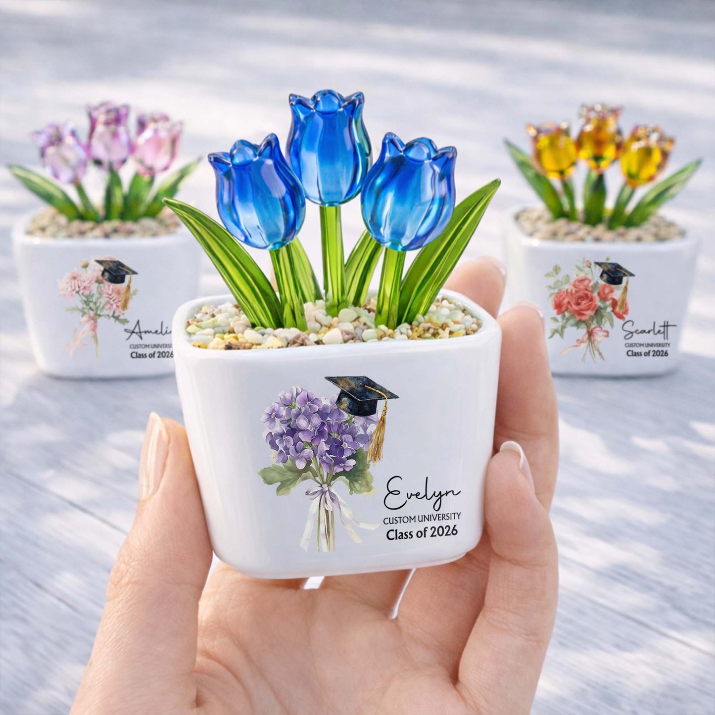 Class Of Birth Month Flowers And Graduation Cap With Glass Tulips - Personalized Custom Glass Everlasting Tulips - GRAD457_GLATU