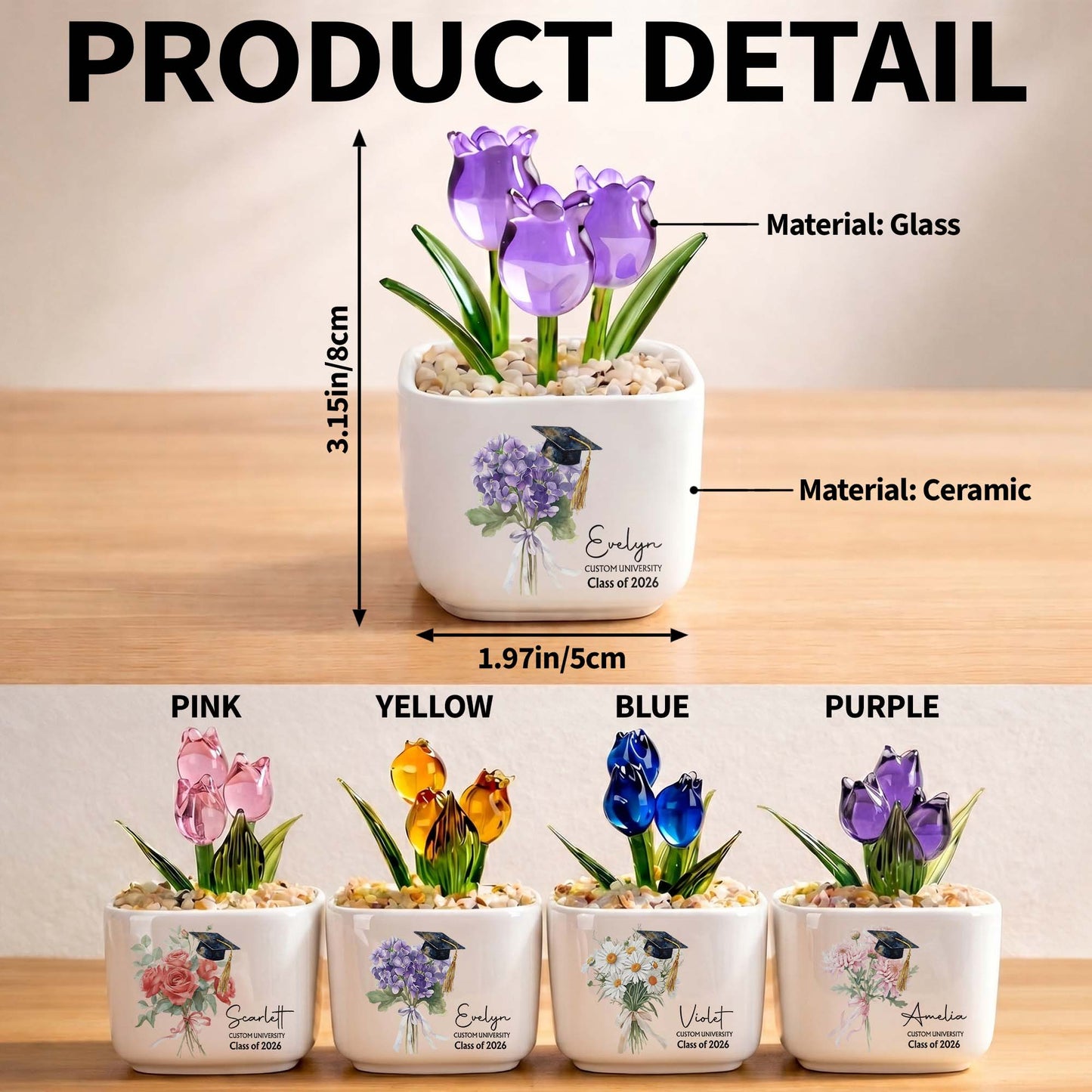 Class Of Birth Month Flowers And Graduation Cap With Glass Tulips - Personalized Custom Glass Everlasting Tulips - GRAD457_GLATU