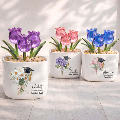 Class Of Birth Month Flowers And Graduation Cap With Glass Tulips - Personalized Custom Glass Everlasting Tulips - GRAD457_GLATU