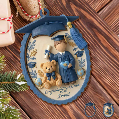 Congratulations Grad With Teddy Bear And Graduation Cap - Personalized Double Layer Wood Ornament - GRAD476_DWO