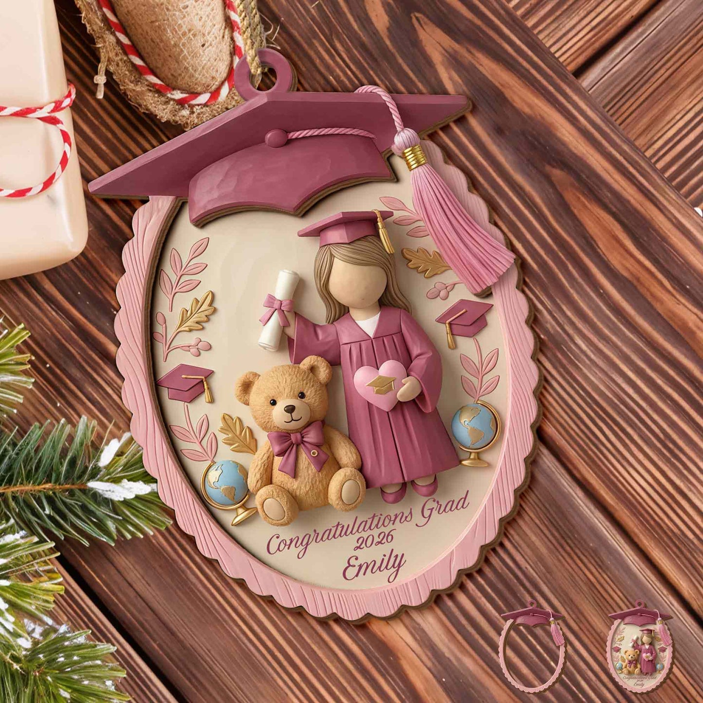 Congratulations Grad With Teddy Bear And Graduation Cap - Personalized Double Layer Wood Ornament - GRAD476_DWO