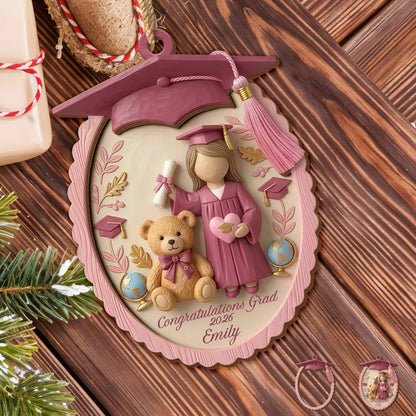 Congratulations Grad With Teddy Bear And Graduation Cap - Personalized Double Layer Wood Ornament - GRAD476_DWO