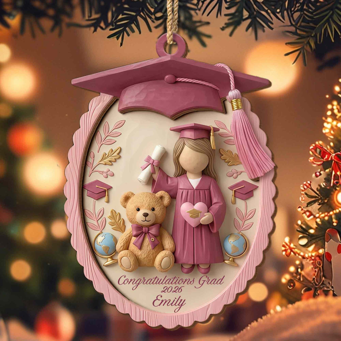 Congratulations Grad With Teddy Bear And Graduation Cap - Personalized Double Layer Wood Ornament - GRAD476_DWO