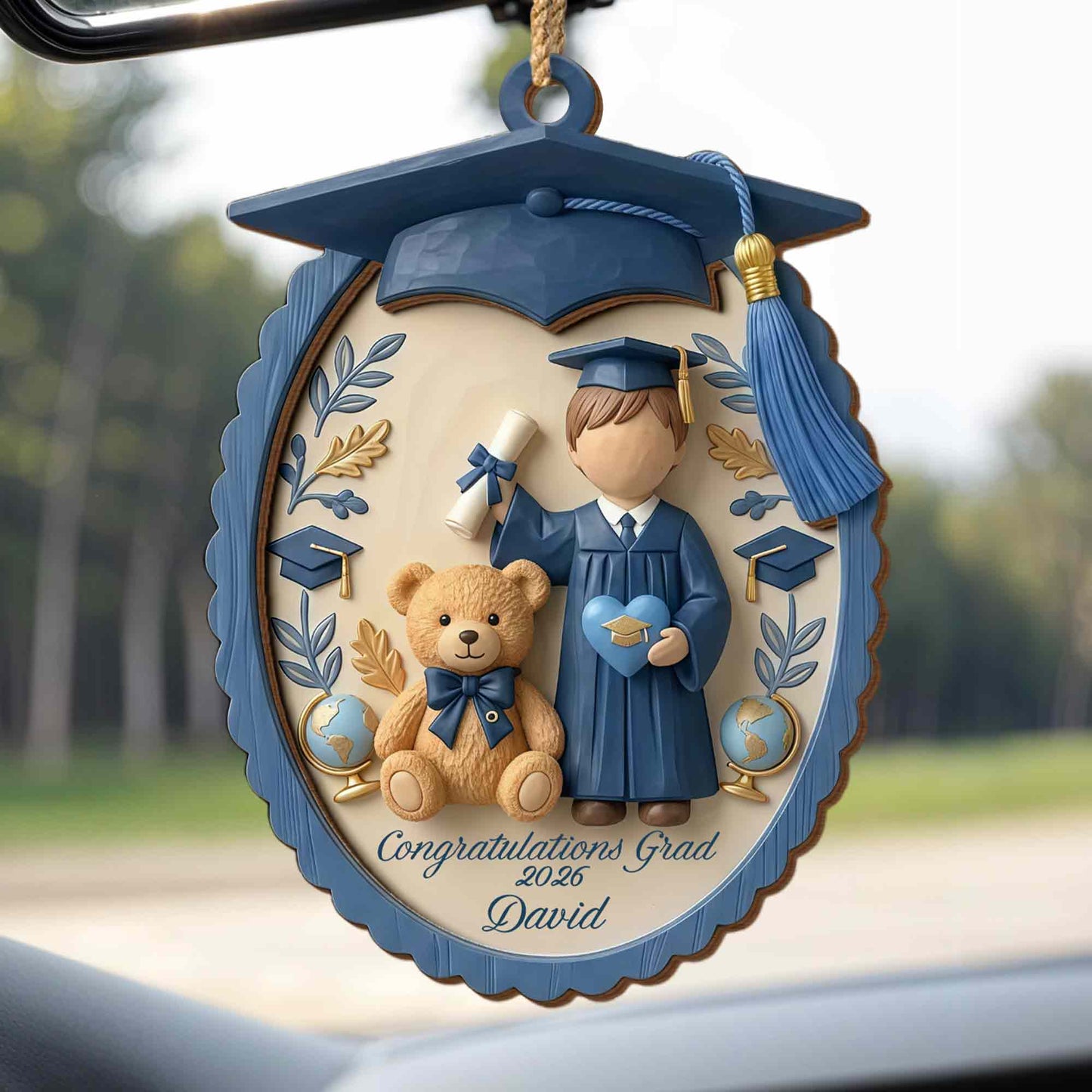 Congratulations Grad With Teddy Bear And Graduation Cap - Personalized Double Layer Wood Ornament - GRAD476_DWO