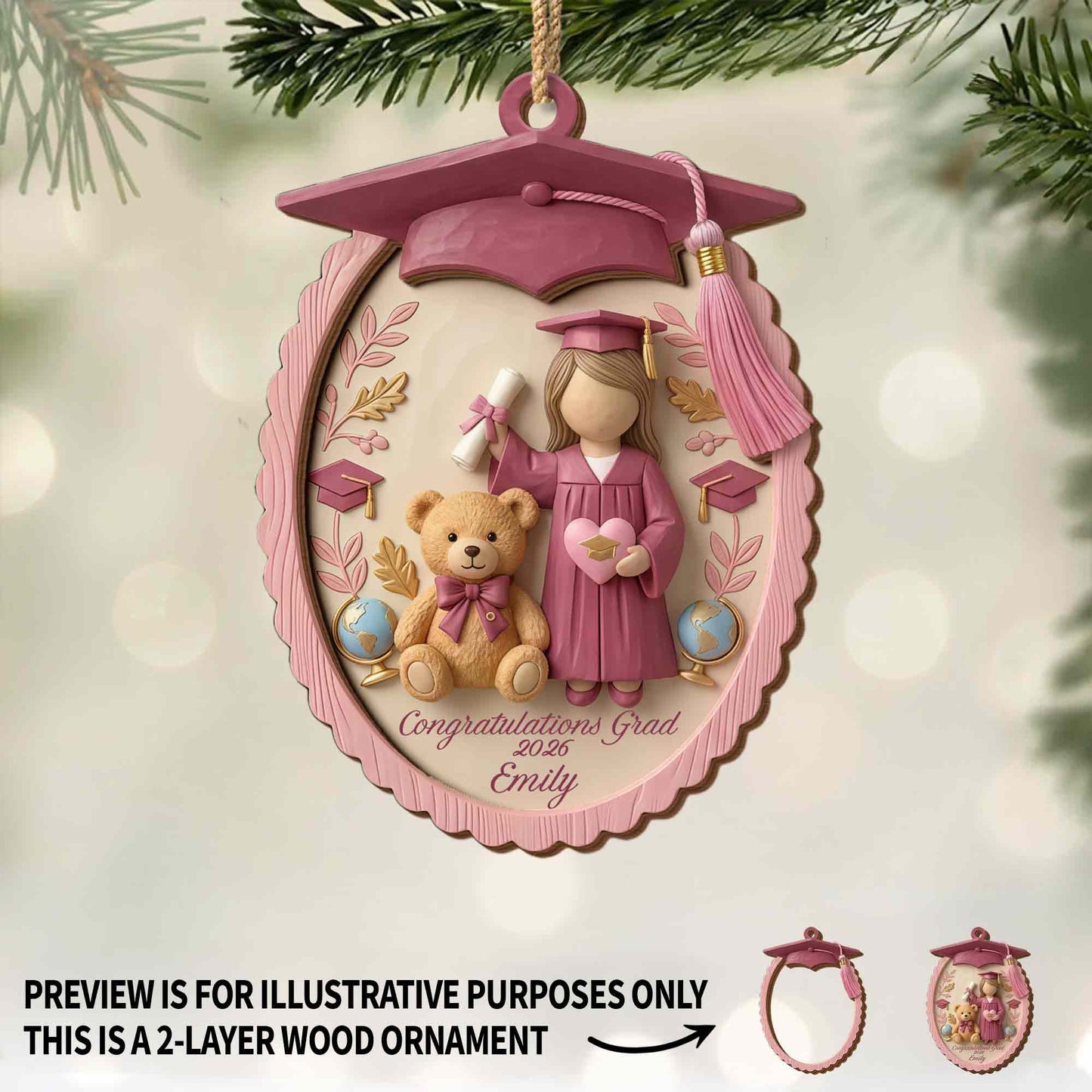Congratulations Grad With Teddy Bear And Graduation Cap - Personalized Double Layer Wood Ornament - GRAD476_DWO