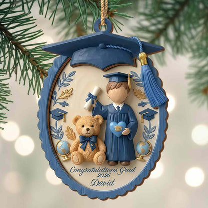 Congratulations Grad With Teddy Bear And Graduation Cap - Personalized Double Layer Wood Ornament - GRAD476_DWO
