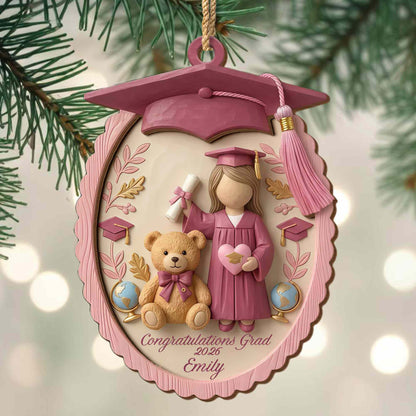 Congratulations Grad With Teddy Bear And Graduation Cap - Personalized Double Layer Wood Ornament - GRAD476_DWO