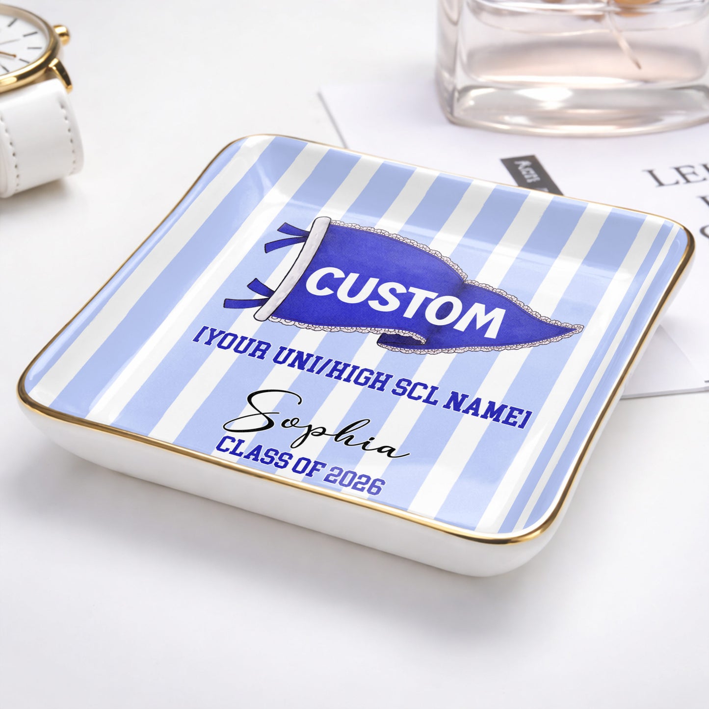 University Class Of Graduation Pennant Flag Striped Design - Personalized Custom Jewelry Dish, Ceramic Dish, Square Shape - GRAD477_SCRF