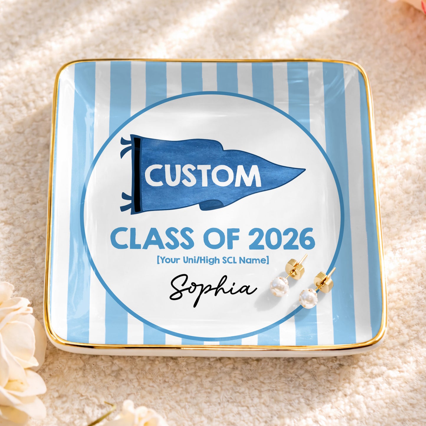 Class Of University Of California Los Angeles Pennant And Stripes - Personalized Custom Jewelry Dish, Ceramic Dish, Square Shape - GRAD483_SCRF