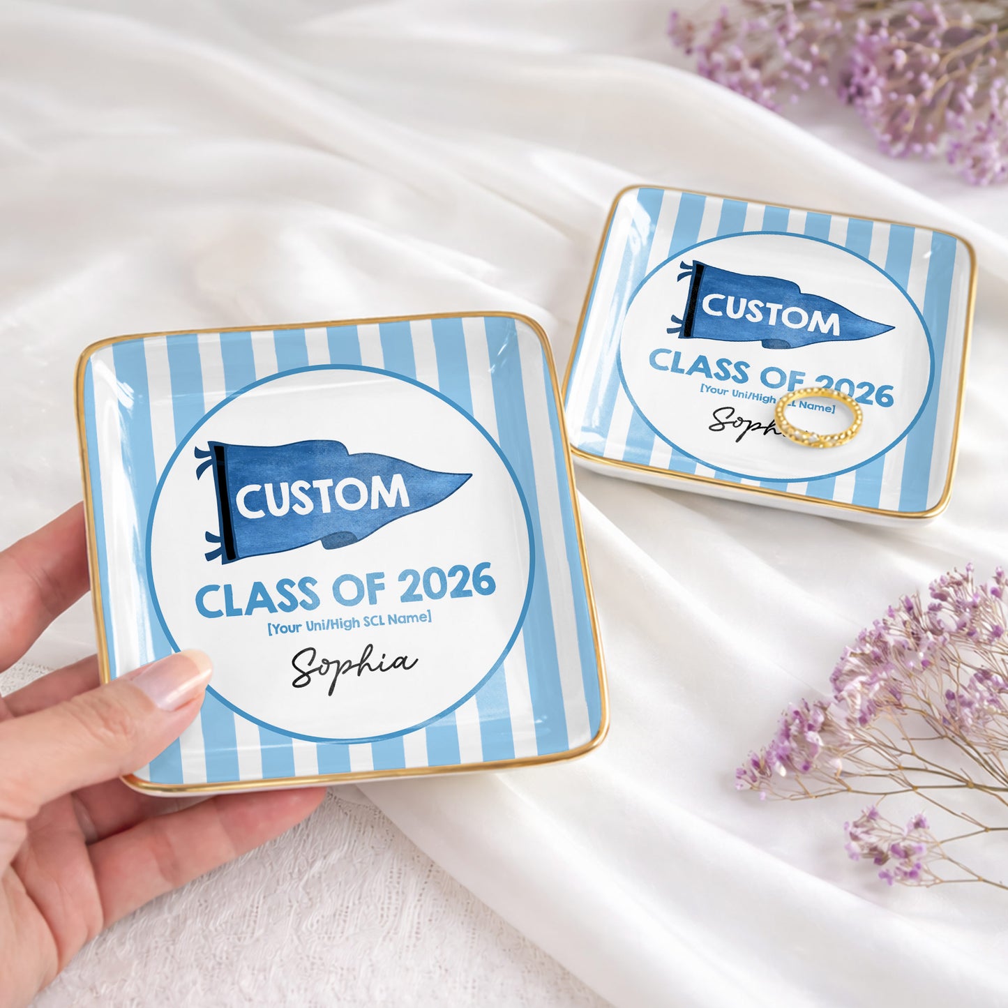 Class Of University Of California Los Angeles Pennant And Stripes - Personalized Custom Jewelry Dish, Ceramic Dish, Square Shape - GRAD483_SCRF