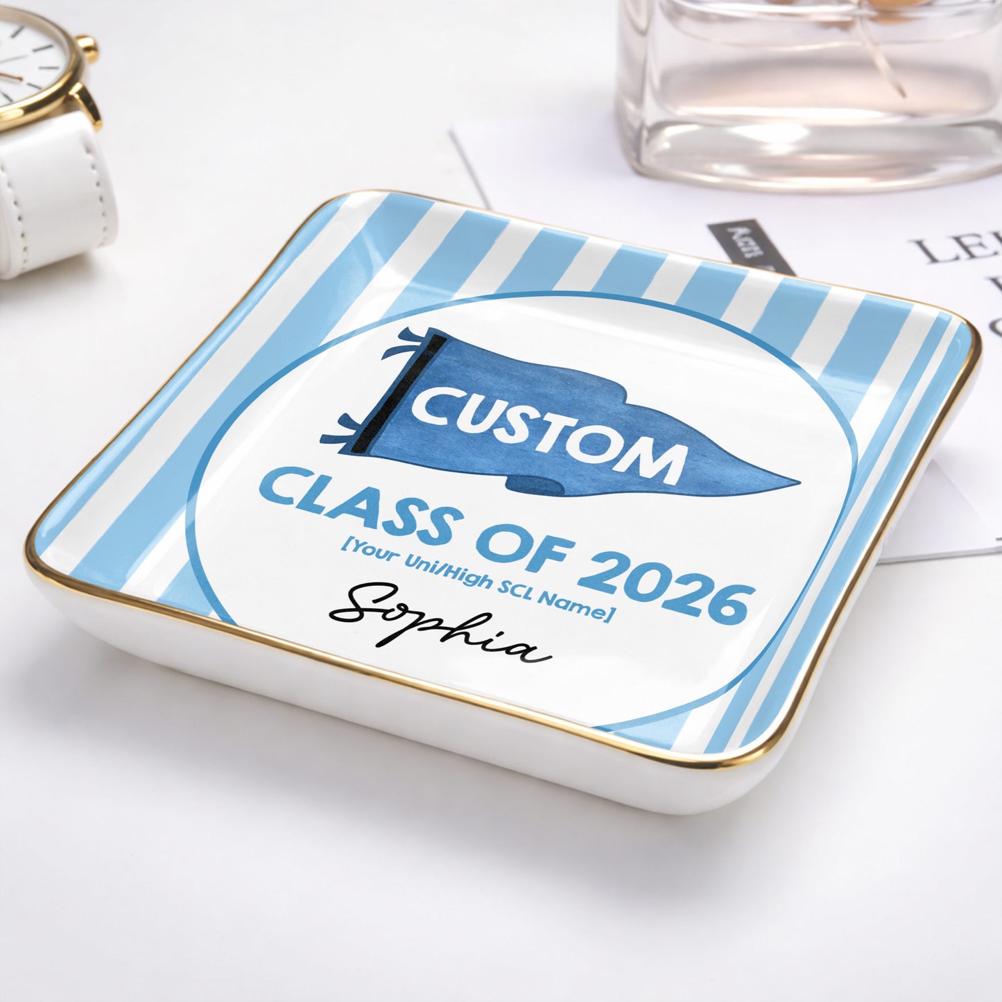 Class Of University Of California Los Angeles Pennant And Stripes - Personalized Custom Jewelry Dish, Ceramic Dish, Square Shape - GRAD483_SCRF