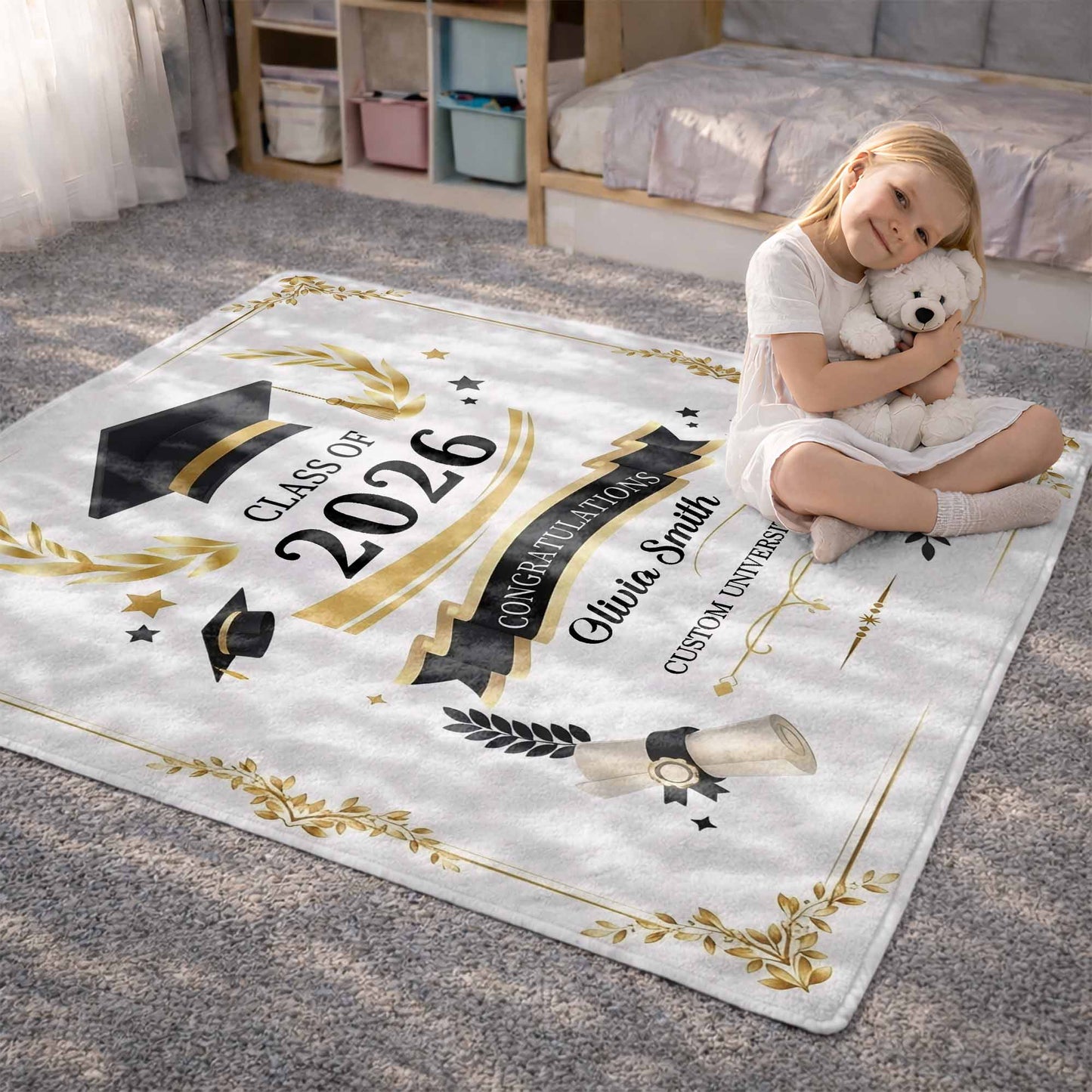 Class Of Congratulations Graduation Cap And Diploma Laurel Frame - Personalized Custom Blanket - GRAD484_BLK