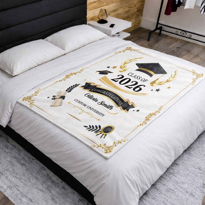 Class Of Congratulations Graduation Cap And Diploma Laurel Frame - Personalized Custom Blanket - GRAD484_BLK