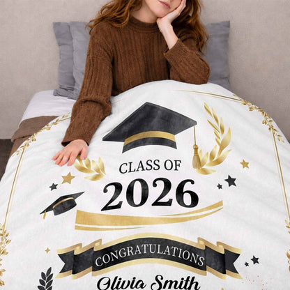 Class Of Congratulations Graduation Cap And Diploma Laurel Frame - Personalized Custom Blanket - GRAD484_BLK